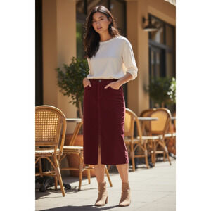 NWT Time and Tru Women's Corduroy Midi Skirt with Front Slit Size 12 Color: Wine